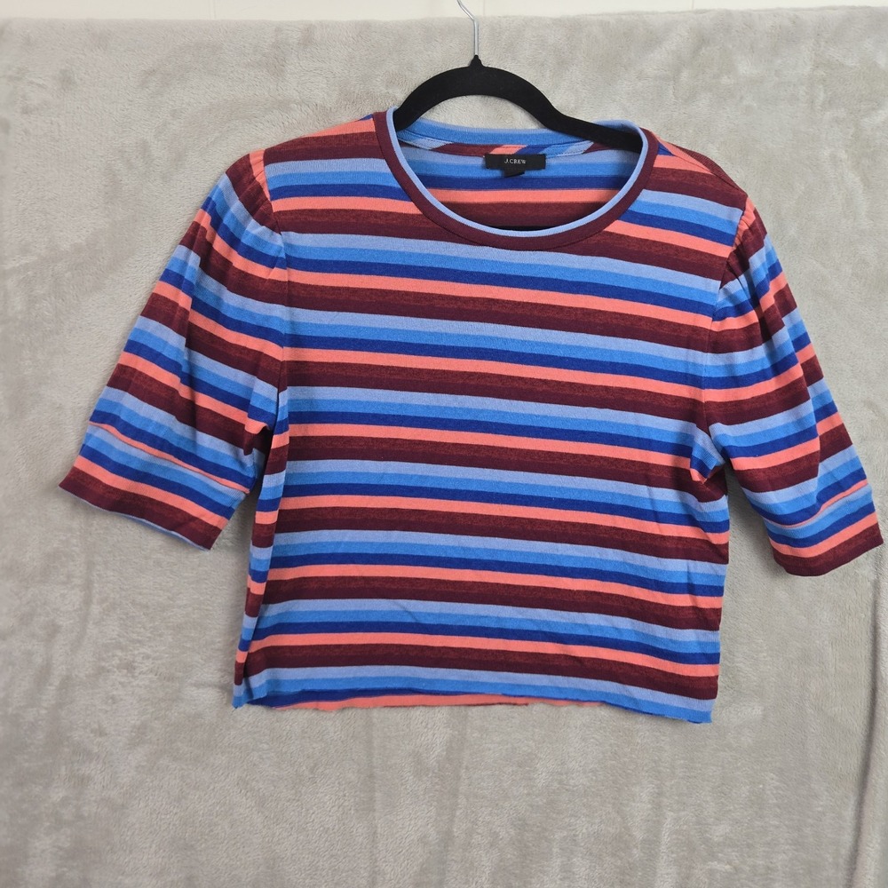 J.Crew Ribbed In Stripe Short Sleeve Merino Wool Sweater Blue Coral Small